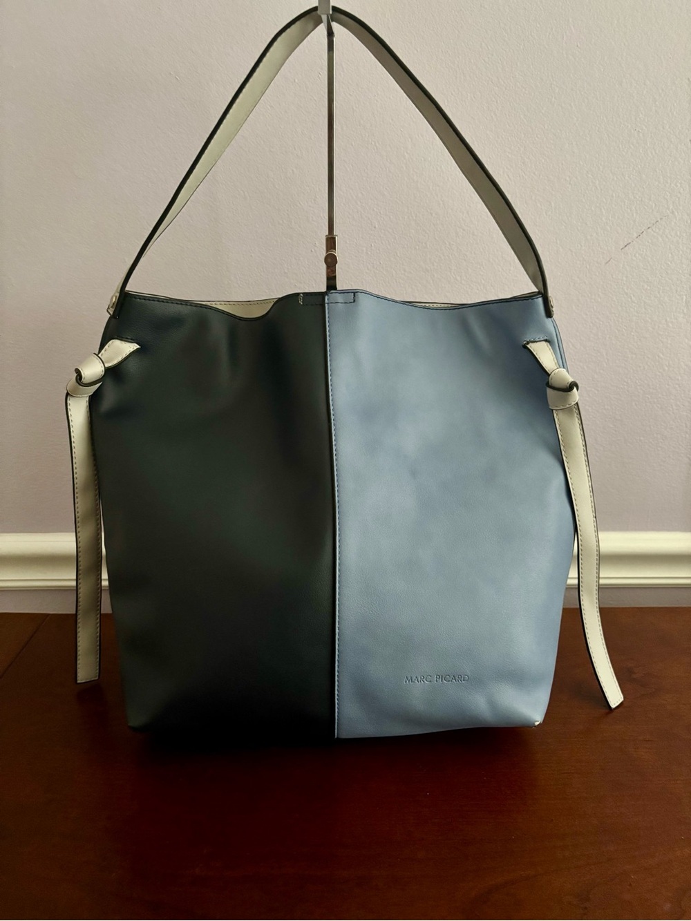 Marc Picard Colorblock Hobo Shoulder Bag Blue Black Cream Faux Leather Tote